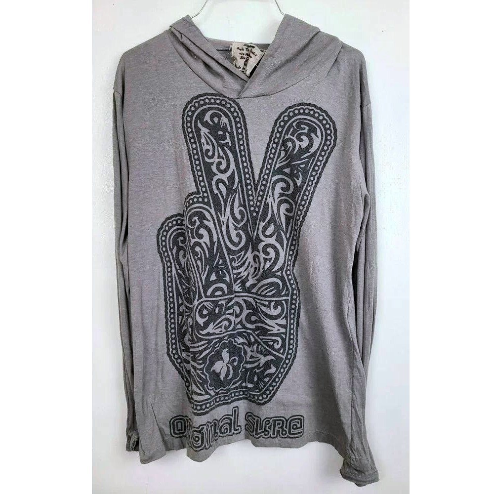 Original Sure Hoodie Mens Medium Gray Peace Sign Graphic Long Sleeve Slub Shirt